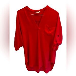 LUSH Women's Split Neck Roll Sleeve Tunic Blouse Cherise Magenta XS